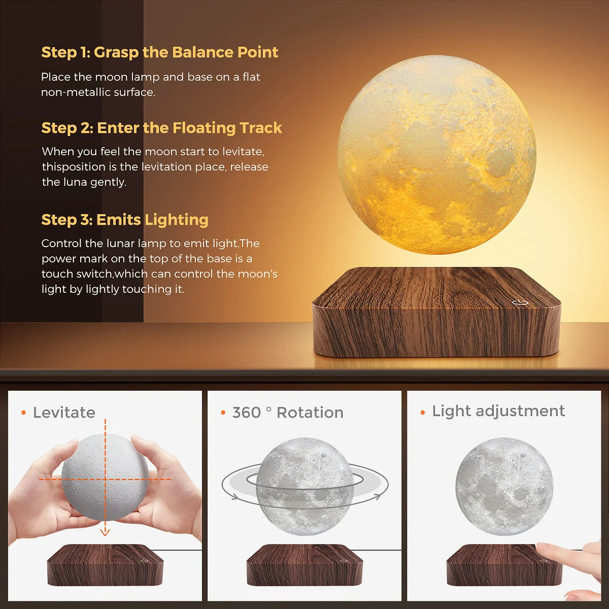 Lampe Lune en Lévitation Magnétique - 3 Teintes LED
